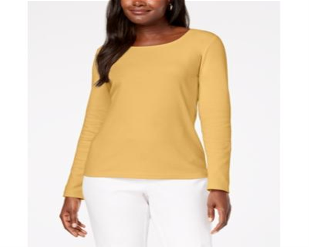 Karen Scott Blusa feminina de algodão com decote redondo, dourada, tamanho extragrande