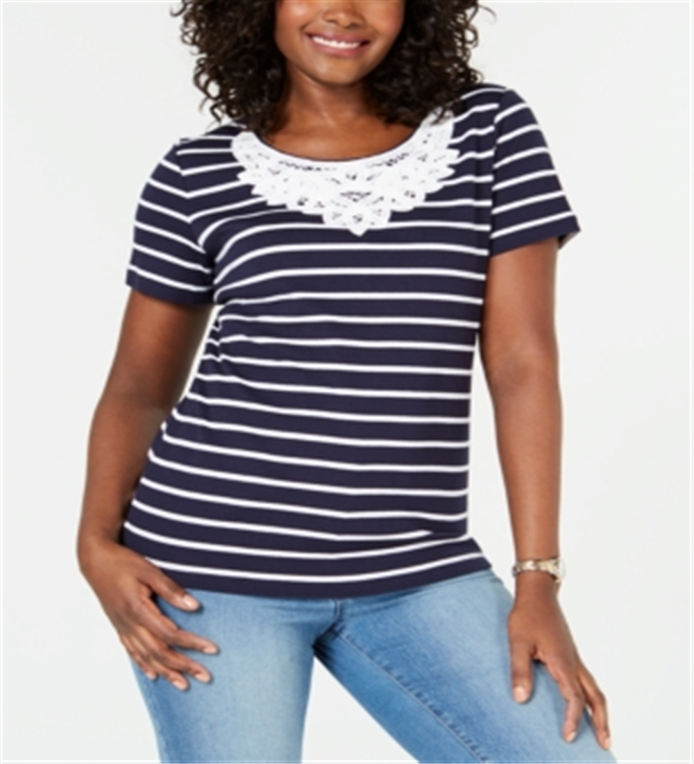 Blusa feminina Karen Scott de crochê com listras de algodão e renda, azul, tamanho GG