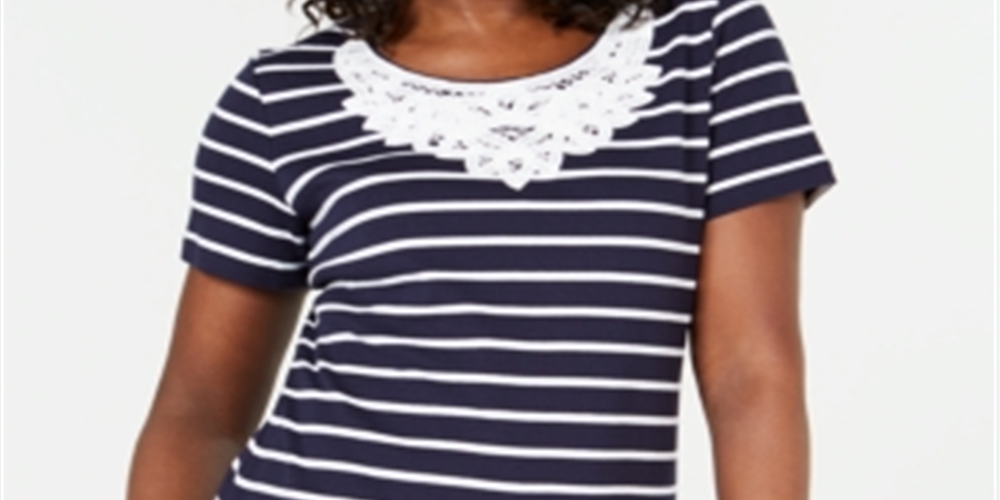 Blusa feminina Karen Scott de crochê com listras de algodão e renda, azul, tamanho GG