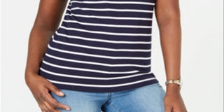 Blusa feminina Karen Scott de crochê com listras de algodão e renda, azul, tamanho GG