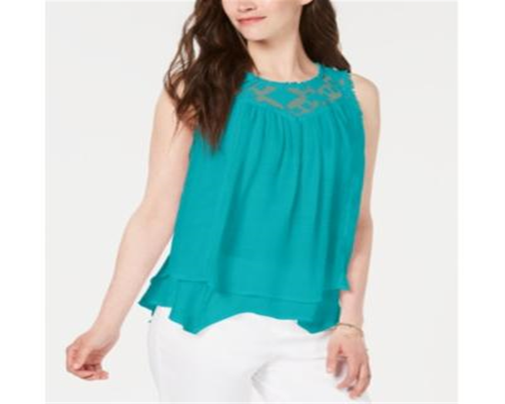Top estilo feminino com acabamento em renda e alças finas, verde, tamanho P