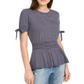Blusa peplum feminina Maison Jules com manga amarrada, azul, tamanho grande