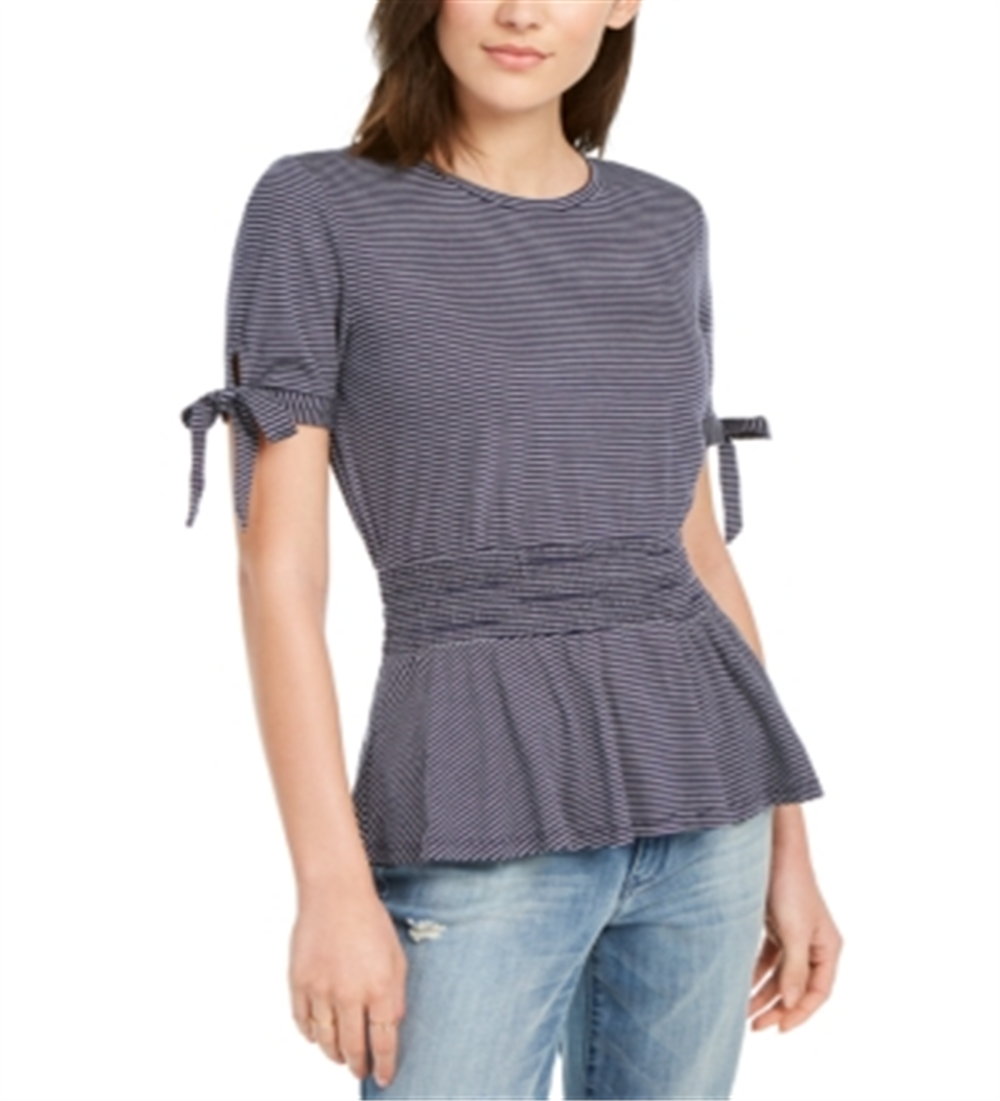 Blusa peplum feminina Maison Jules com manga amarrada, azul, tamanho grande