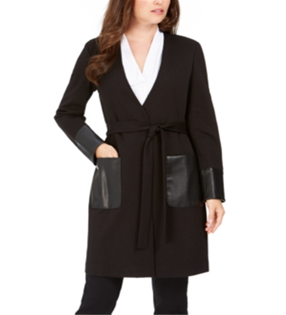 Calvin Klein Women's Faux Leather Trim Belted Cardigan Black Size 8