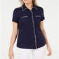 Blusa feminina Karen Scott com botões e debrum de algodão, azul, tamanho médio