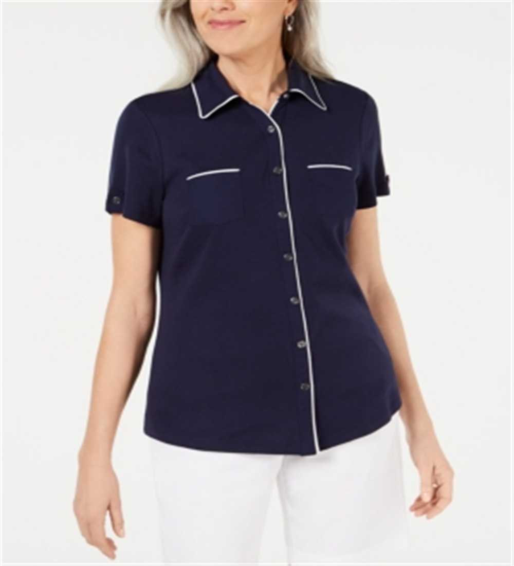 Blusa feminina Karen Scott com botões e debrum de algodão, azul, tamanho médio