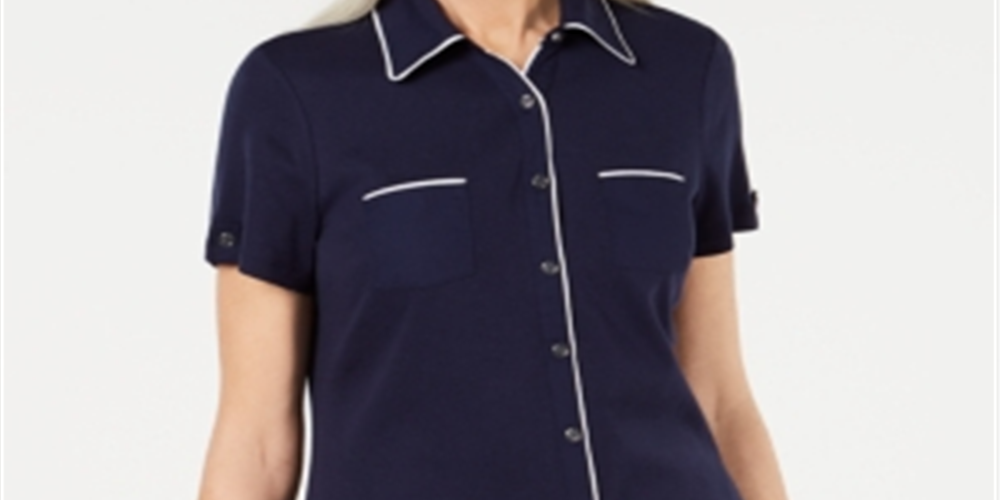 Blusa feminina Karen Scott com botões e debrum de algodão, azul, tamanho médio