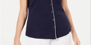 Blusa feminina Karen Scott com botões e debrum de algodão, azul, tamanho médio