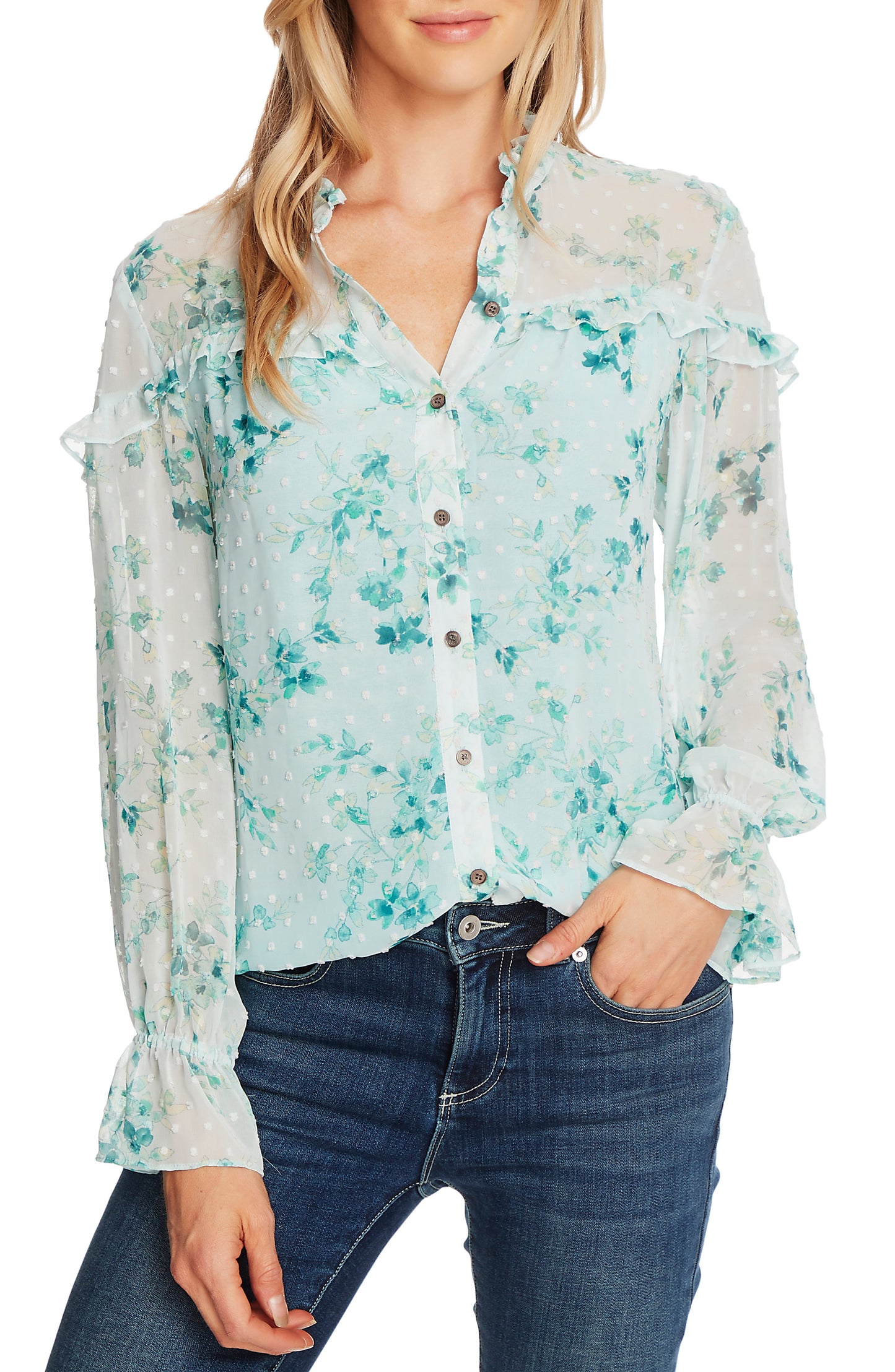 Blusa feminina CeCe Breezy Bouquet com bolinhas e manga comprida, tamanho médio, azul-água