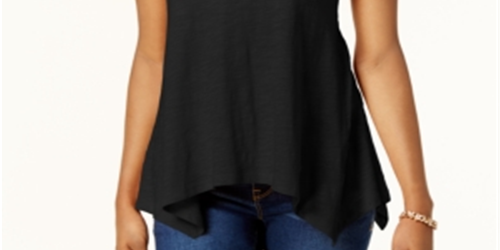 Top feminino de algodão com bainha de lenço, preto, tamanho PP