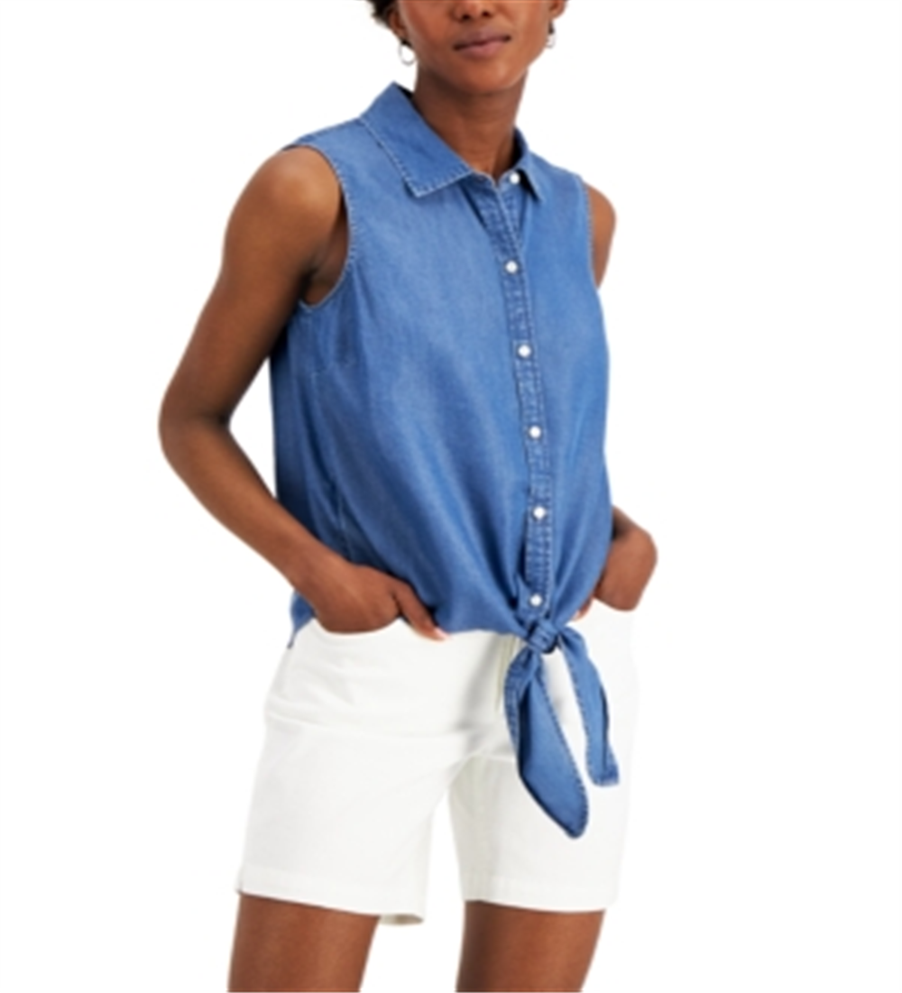 Blusa feminina sem mangas com gola alta Charter Club, azul, tamanho 4