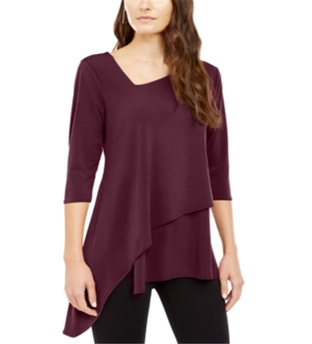 Blusa feminina Alfani com bainha assimétrica, manga 3/4, decote em V, vermelha, tamanho X-G