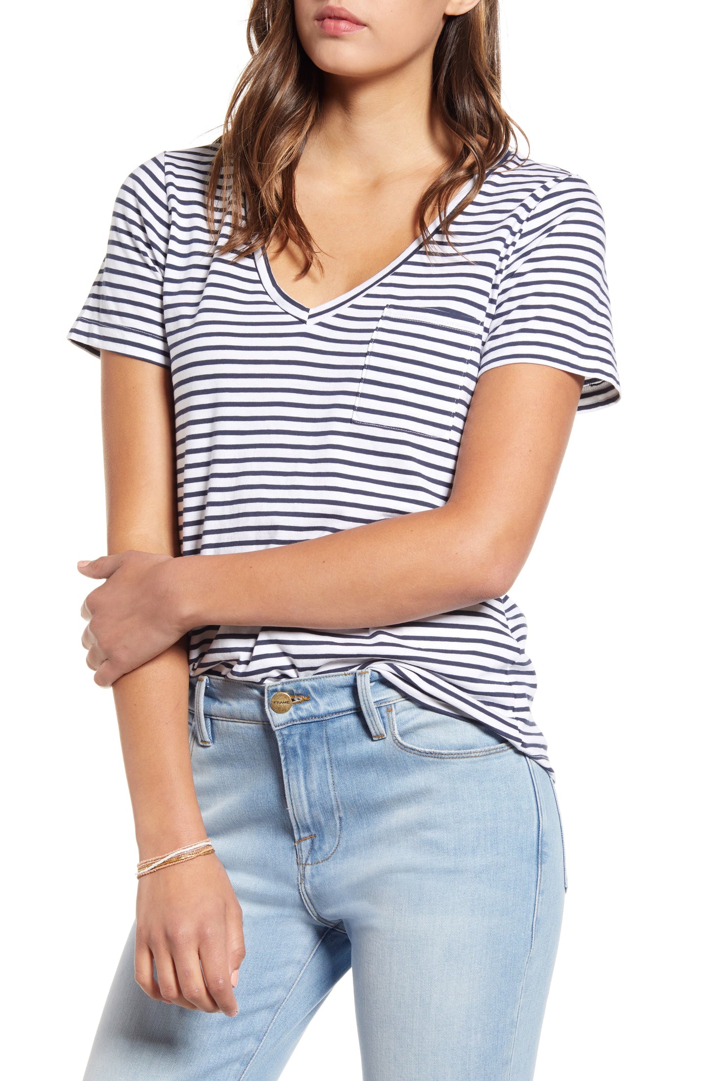 Camiseta feminina listrada de algodão com bolso Lucky Brand, azul, tamanho médio