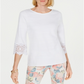 Top feminino Charter Club com manga de renda, branco, tamanho pequeno GG