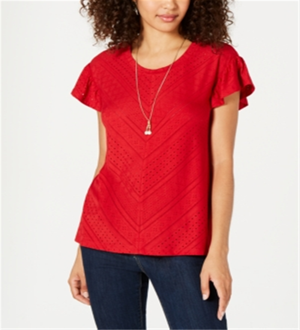 Estilo e CoTop feminino com detalhe de ilhós e mangas bufantes, vermelho, tamanho médio