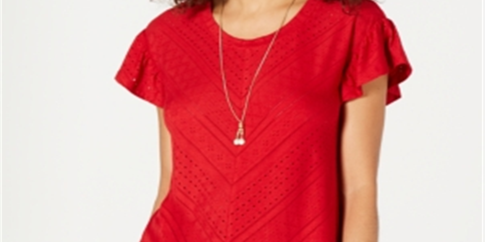 Estilo e CoTop feminino com detalhe de ilhós e mangas bufantes, vermelho, tamanho médio