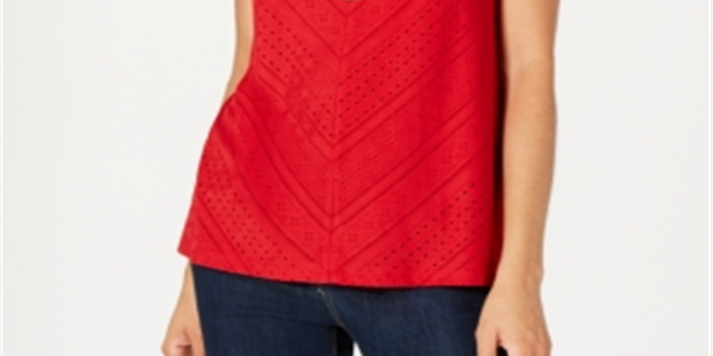 Estilo e CoTop feminino com detalhe de ilhós e mangas bufantes, vermelho, tamanho médio