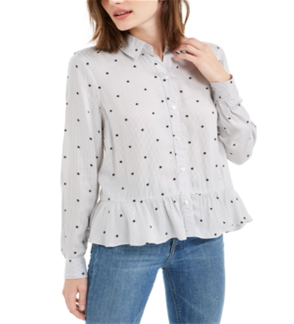 Blusa feminina listrada com botões e manga comprida Maison Jules, branca, tamanho médio