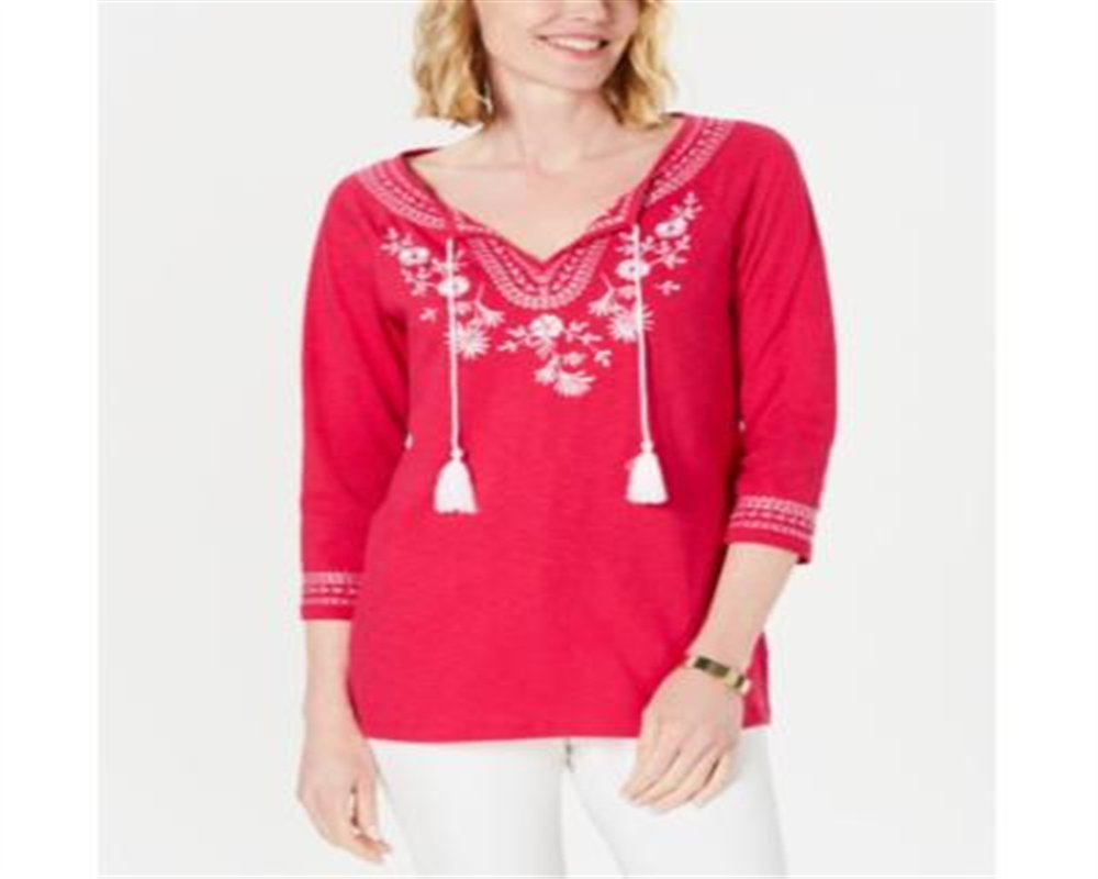 Camisa feminina de algodão bordado estilo camponês Charter Club, rosa, tamanho pequeno P