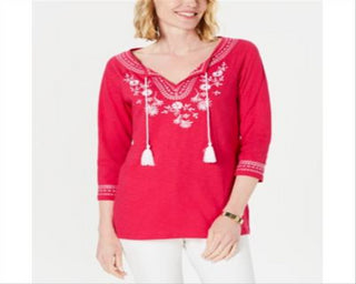 Camisa feminina de algodão bordado estilo camponês Charter Club, rosa, tamanho pequeno P