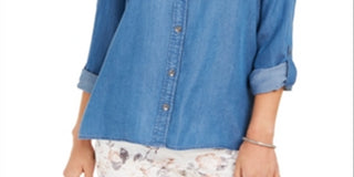 Camisa utilitária jeans feminina Charter Club, azul, tamanho pequeno