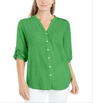 Camisa feminina Charter Club Roll Tab com botões, verde, tamanho extragrande
