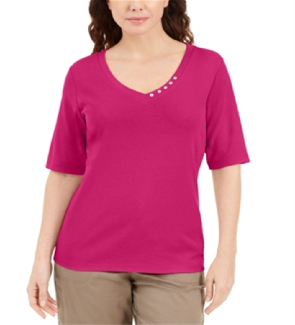 Blusa feminina Karen Scott com decote em V e detalhes em botões, rosa, tamanho grande