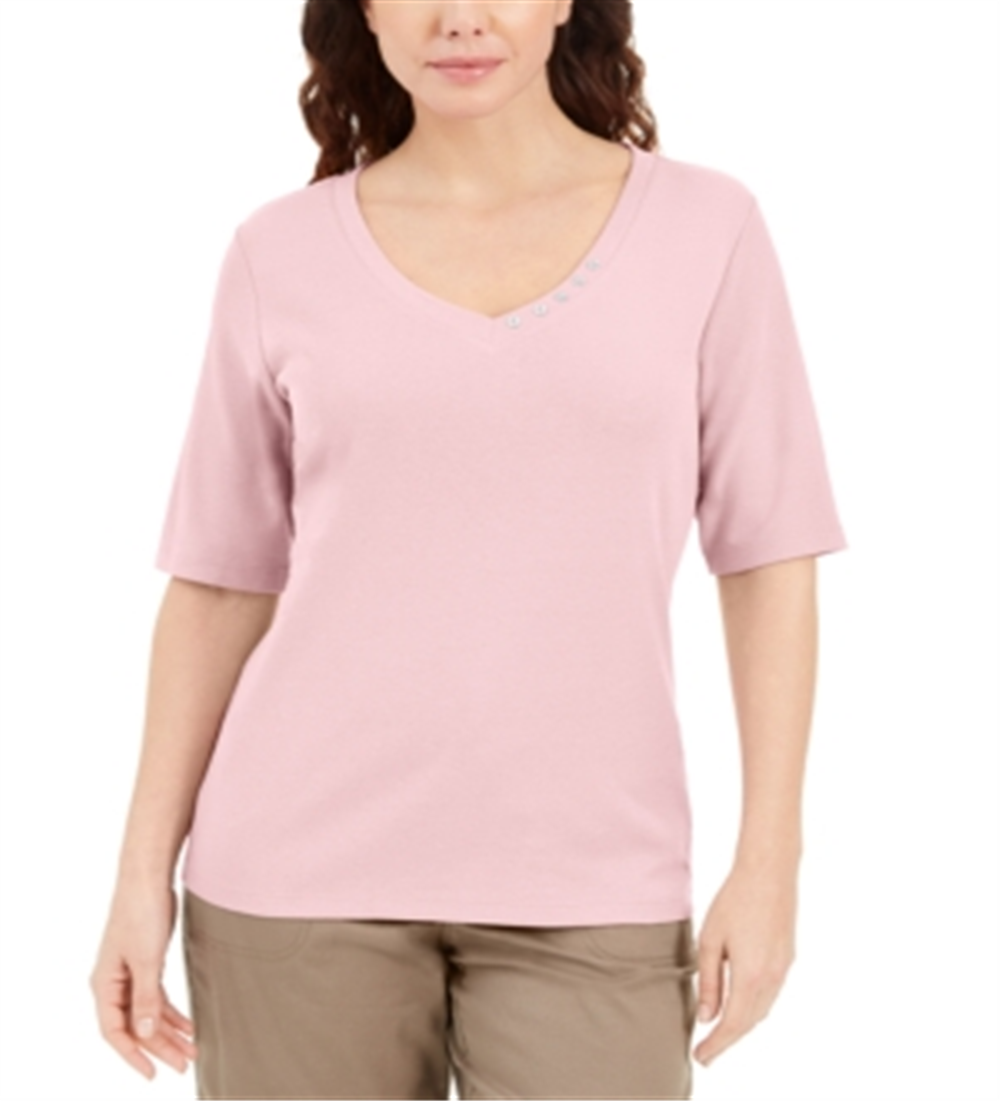 Karen Scott Blusa feminina com decote em V e detalhes em botões, rosa, tamanho extrapequeno