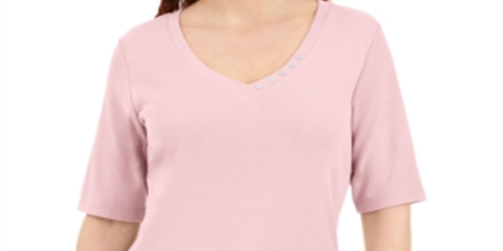 Karen Scott Blusa feminina com decote em V e detalhes em botões, rosa, tamanho extrapequeno