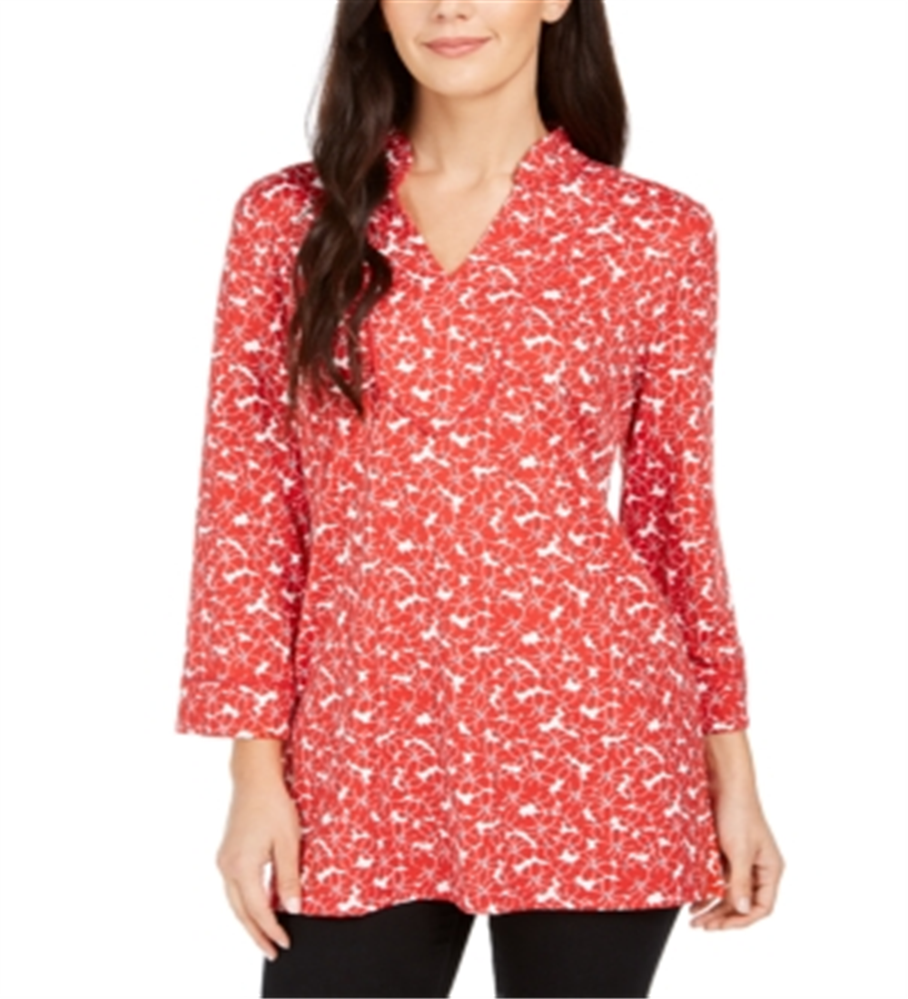 Túnica feminina com estampa floral e decote dividido, vermelha, tamanho extrapequeno