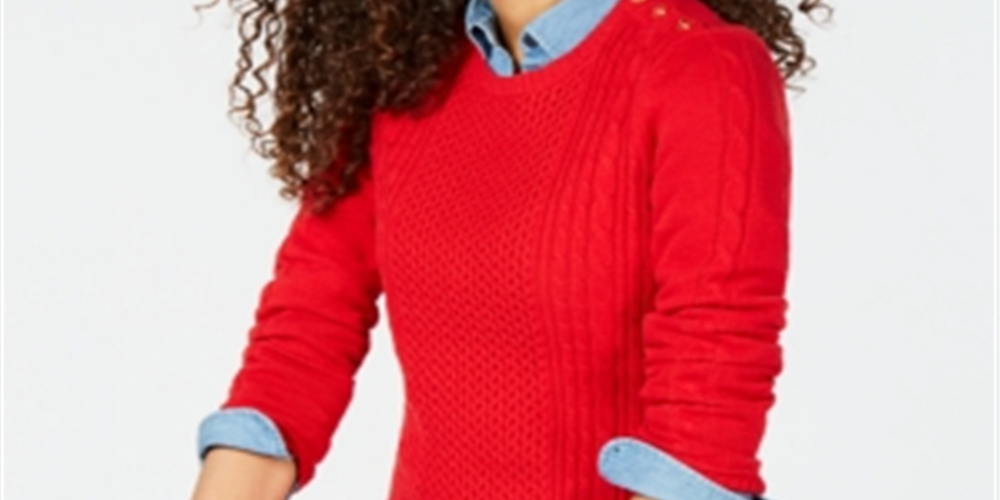 Suéter feminino Charter Club com estampa de manga comprida e gola redonda, tamanho pequeno, vermelho