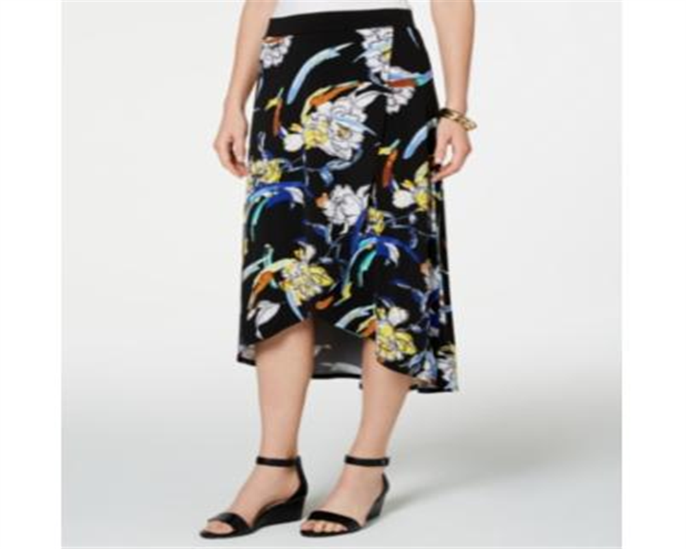 Saia longa feminina estampada com efeito envelope falso, preta, tamanho XX-G