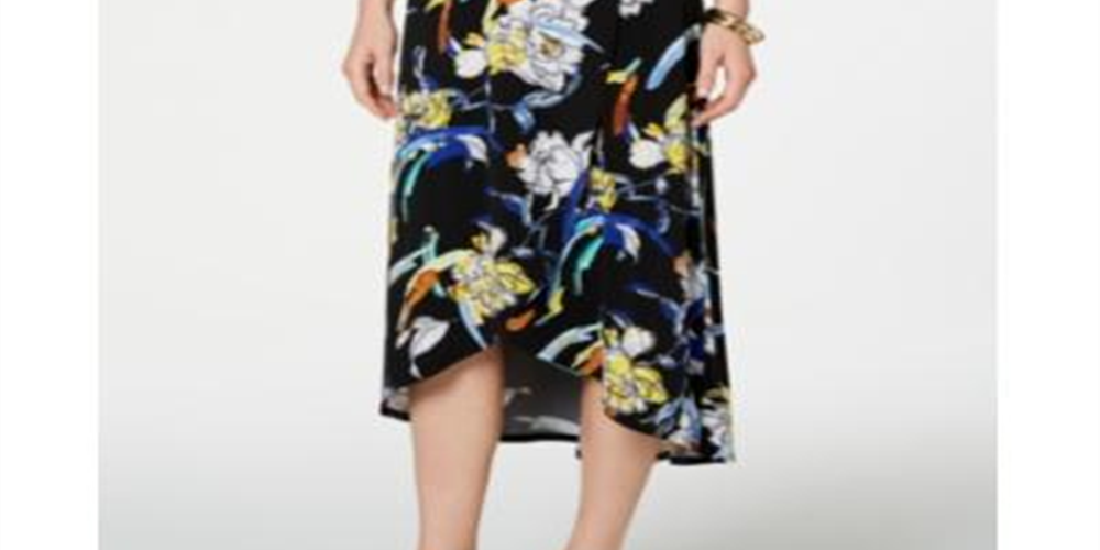Saia longa feminina estampada com efeito envelope falso, preta, tamanho XX-G