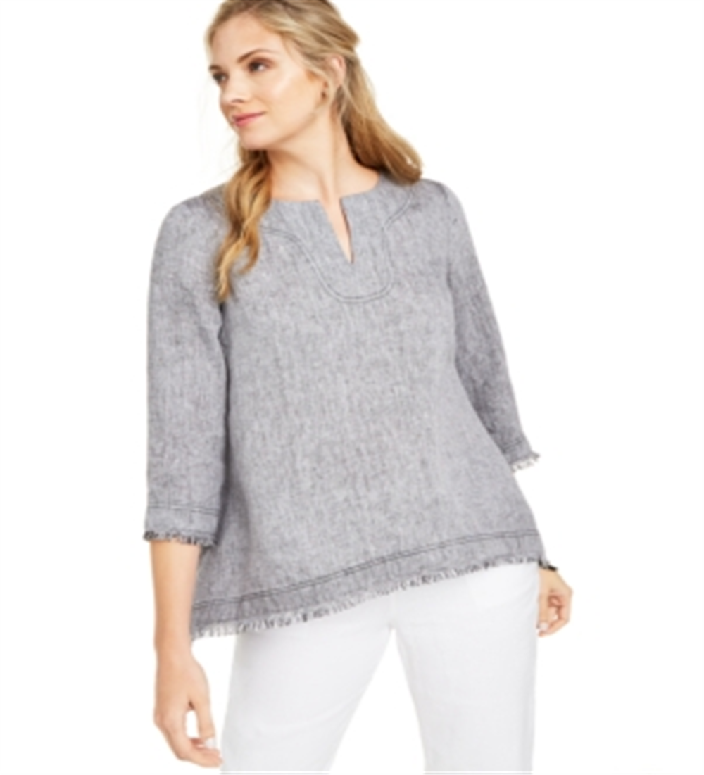 Charter Club Blusa de linho com bainha desfiada feminina, cinza, tamanho X-S