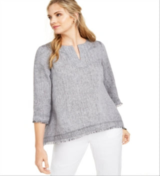 Charter Club Blusa de linho com bainha desfiada feminina, cinza, tamanho X-S