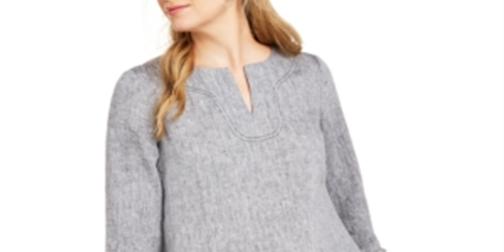Charter Club Blusa de linho com bainha desfiada feminina, cinza, tamanho X-S
