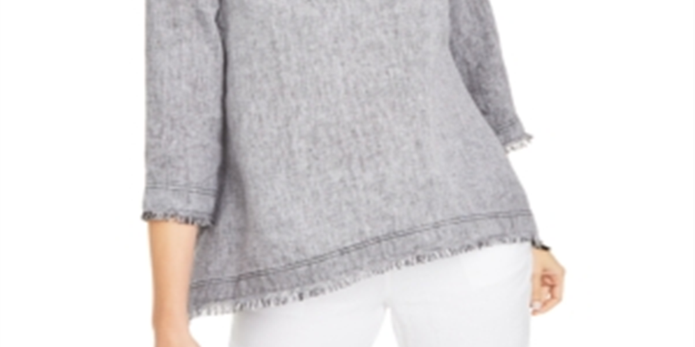 Charter Club Blusa de linho com bainha desfiada feminina, cinza, tamanho X-S
