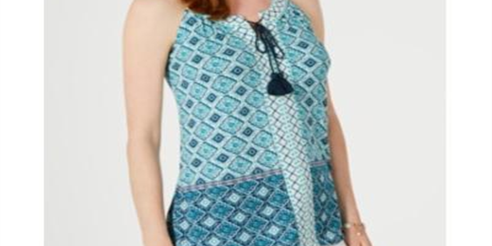 Estilo e CoTop feminino com estampa de borlas e gravata, azul, tamanho grande