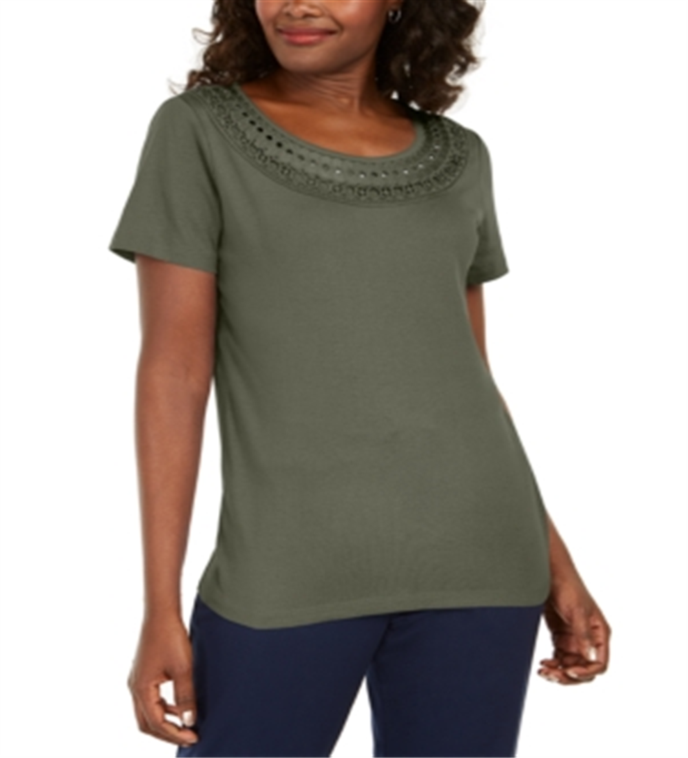 Camiseta feminina Karen Scott com acabamento em crochê e algodão, verde, tamanho pequeno