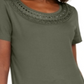 Camiseta feminina Karen Scott com acabamento em crochê e algodão, verde, tamanho pequeno