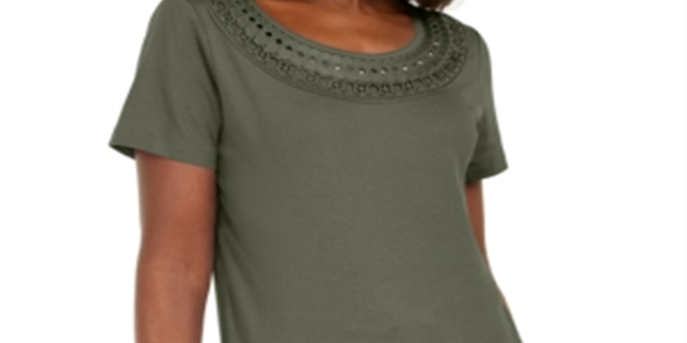 Camiseta feminina Karen Scott com acabamento em crochê e algodão, verde, tamanho pequeno