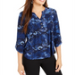 Camiseta feminina NY Collection Notations com manga 3/4 e decote dividido e botões, tamanho pequeno, azul
