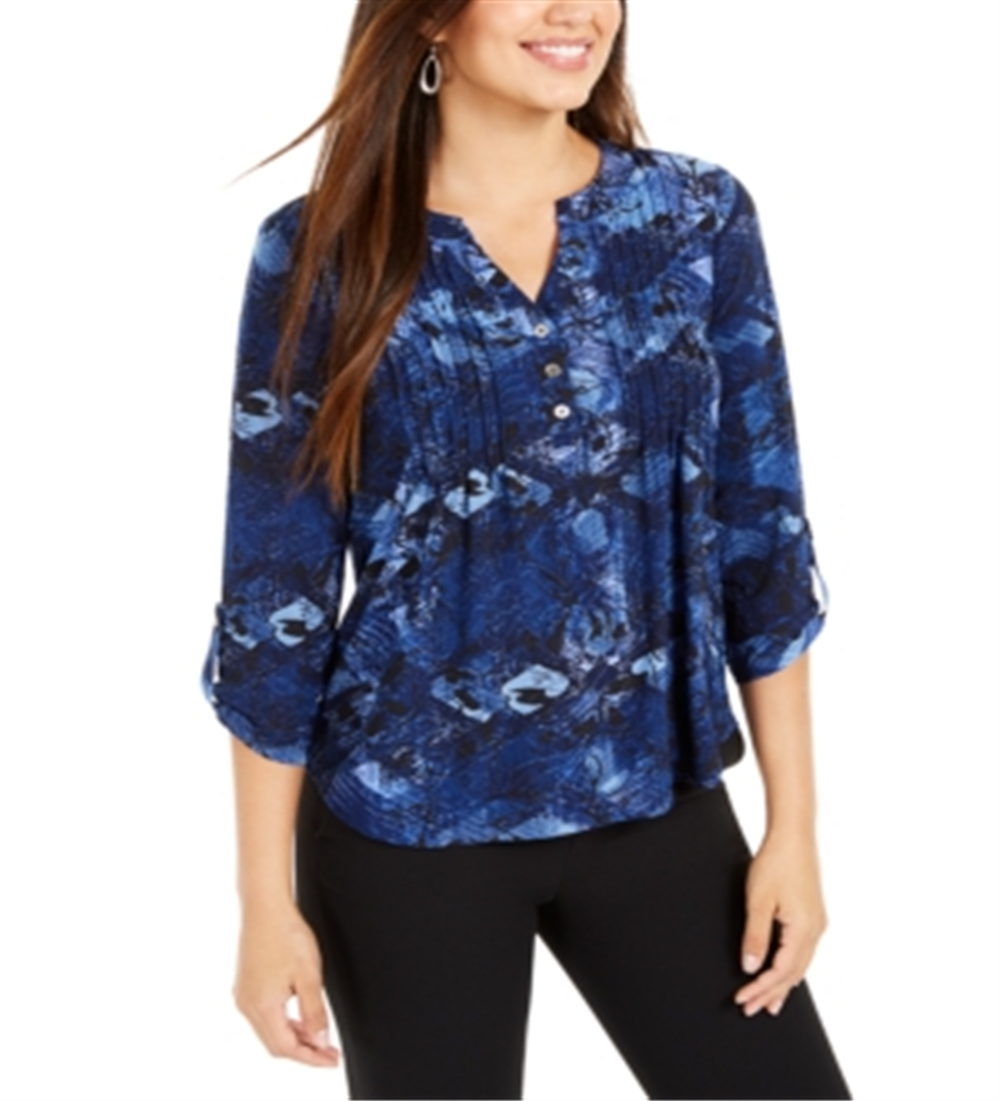 Camiseta feminina NY Collection Notations com manga 3/4 e decote dividido e botões, tamanho pequeno, azul