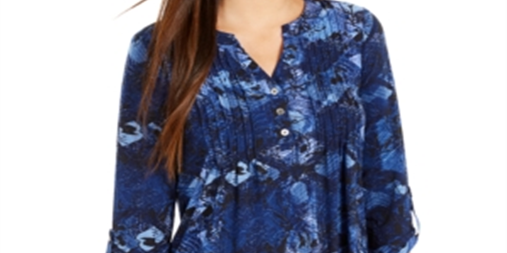 Camiseta feminina NY Collection Notations com manga 3/4 e decote dividido e botões, tamanho pequeno, azul