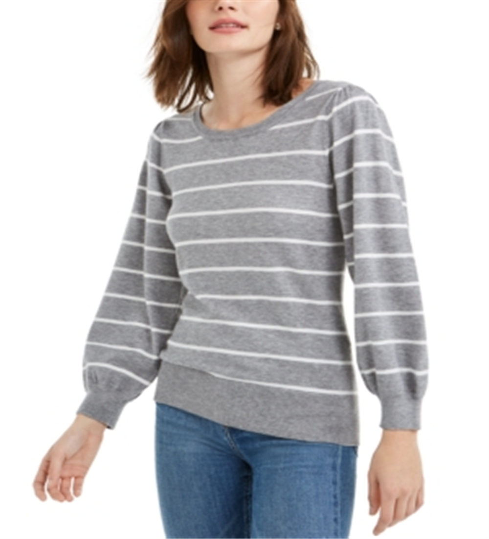 Suéter listrado com manga bufante Maison Jules feminino, cinza, tamanho pequeno