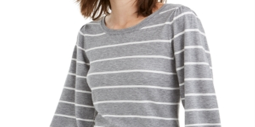 Suéter listrado com manga bufante Maison Jules feminino, cinza, tamanho pequeno