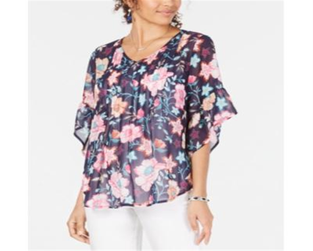 Top plissado com estampa de cachecol retrô feminino Style &amp; Co, azul, tamanho X-S