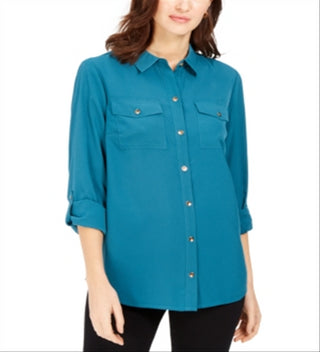 Camisa feminina Charter Club com dois bolsos, verde, tamanho pequeno