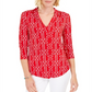 Top feminino estampado Charter Club com manga 3/4, vermelho, tamanho pequeno