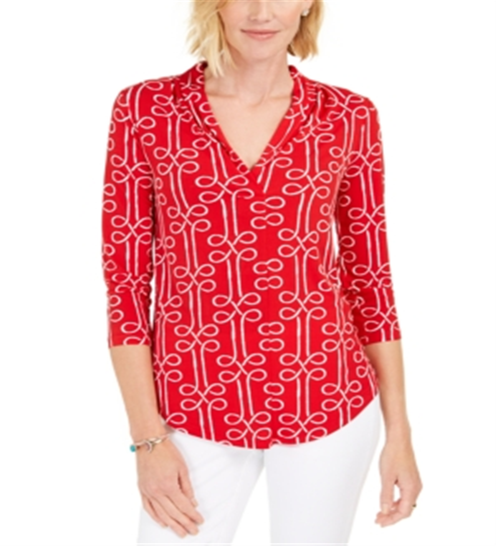 Top feminino estampado Charter Club com manga 3/4, vermelho, tamanho pequeno